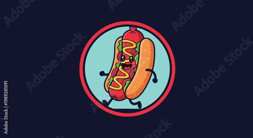 Happy hot dog character with mustard and toppings walks inside a red circular frame against a dark blue background.