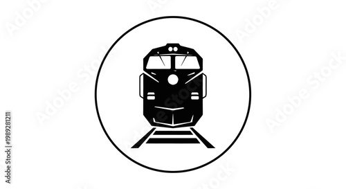 Black and white train icon on track.