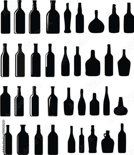 Minimal black wine bottle silhouettes, alcohol container vector set, simple glass shapes, modern beverage icon collection for branding,