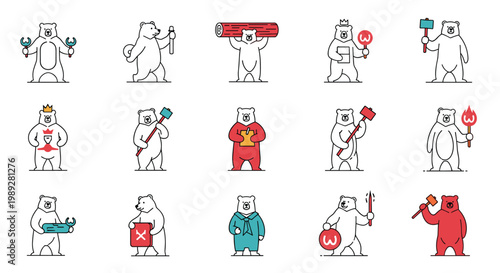 Collection of fifteen white bear icons shows different characters holding tools, wearing clothes, and performing tasks.