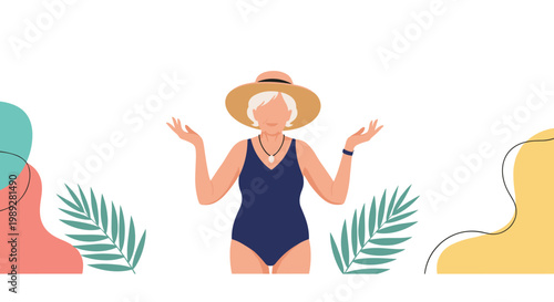 Confident senior woman in a dark swimsuit and straw hat stands with her hands open in a tropical abstract setting.