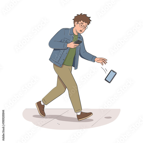 Man drops phone while walking down sidewalk in surprise