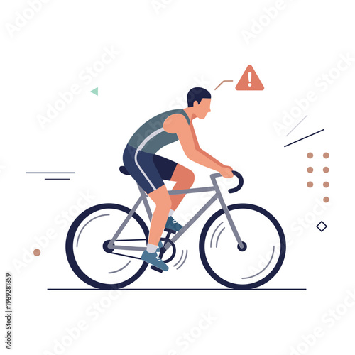 Cyclist riding bike quickly on road with warning sign nearby outdoors