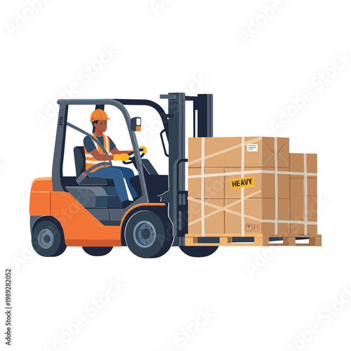 A worker operates a forklift transporting heavy boxes on a pallet indoors.