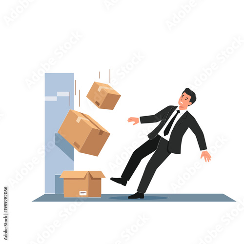 Man in business suit slipping on packages falling outside office door