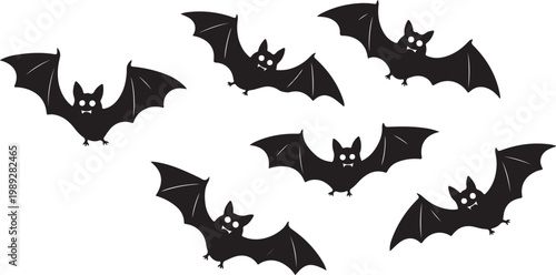 Black bats, Halloween icons, flying creatures, spooky silhouettes isolated on Transparent Background