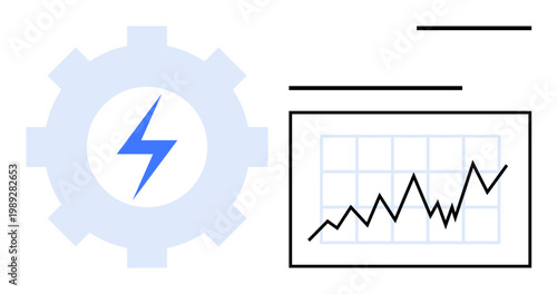 Energy efficiency, performance improvement, technology analytics, business progress, data visualization, power management. Gear with lightning bolt and line graph. Energy efficiency and technology