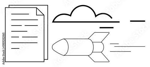 Data transfer, file sharing, information exchange, speed, technology, cloud storage. Icon with document, cloud and rocket visualizing rapid file exchange. Data transfer and speed concepts
