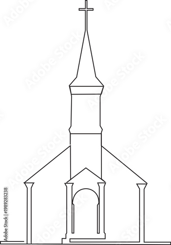 Continuous line drawing of a simple church building with a cross.