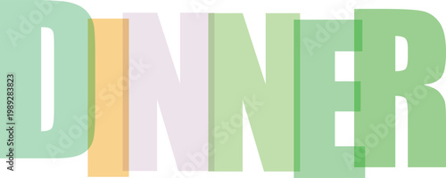 Colorful translucent letters spell out the word dinner in a modern design