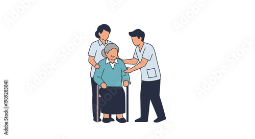 Two professional caregivers assisting an elderly woman with a walking stick, providing compassionate support and care.