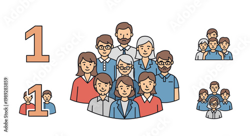 The image depicts various groups of people, including a large diverse crowd and smaller teams, alongside the number one, illustrating concepts of individuality and collective unity.
