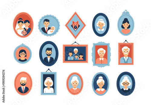 Family Portraits Icon Set - Flat Vector Illustration of Relatives, Grandparents, and Pets in Decorative Frames for Ancestry and Genealogy Concepts