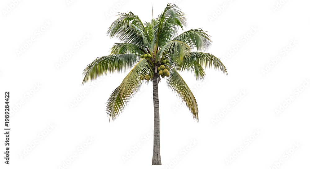 Obraz premium Tropical coconut palm tree with green leaves and ripe coconuts on white background