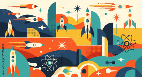 Abstract Space Exploration Illustration with Rockets and Atomic Symbols