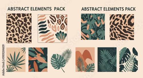 Abstract Tropical Leaves and Animal Print Pattern Elements Set
