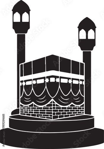 Kaaba mosque silhouette with minarets, mecca islamic