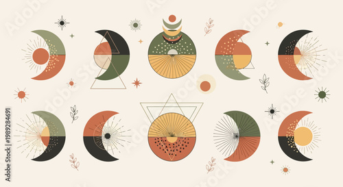 Boho Celestial Moon and Sun Phases Set with Geometric Elements