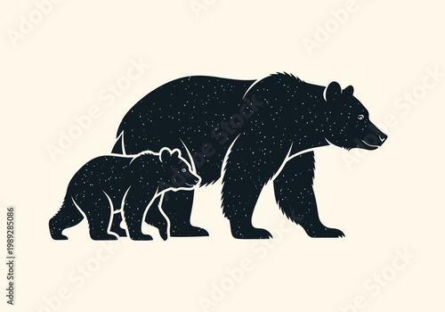 Mother Bear and Cub Silhouette with Starry Night Texture - Wildlife Family Concept