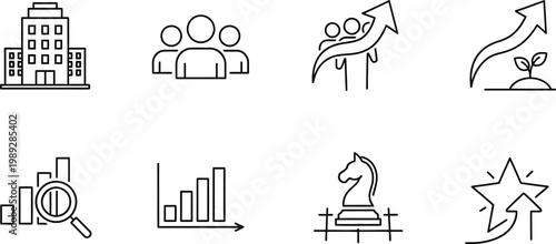 Business growth icons: building people team growth plant growth magnifier bar
