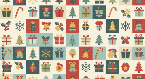 Seamless Christmas Pattern with Festive Icons and Gift Boxes