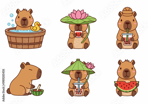 Kawaii Capybara Character Set - Cute Cartoon Illustrations of Capybaras Drinking Boba, Eating Watermelon, and Taking a Bath