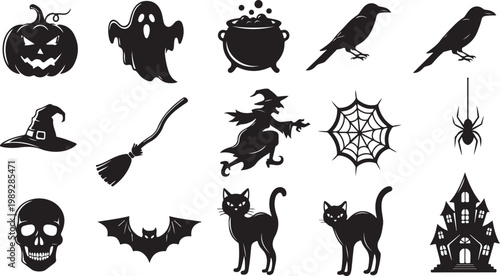 Halloween icons, black silhouettes, spooky symbols, vector set isolated on Transparent Background
