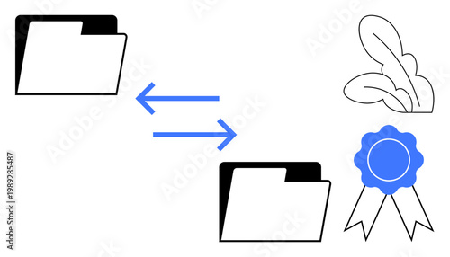 Data transfer, certification, file sharing, workflow illustration, secure documentation, digital approval. ion of folders, arrows and certification ribbon. Data transfer and certification concept