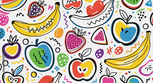 Seamless Pattern of Hand Drawn Colorful Fruits and Doodles