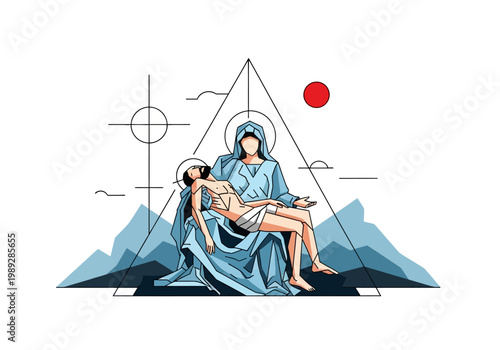 Modern Minimalist Pietà Illustration of Virgin Mary Holding the Body of Jesus Christ, Geometric Religious Art Style on White Background