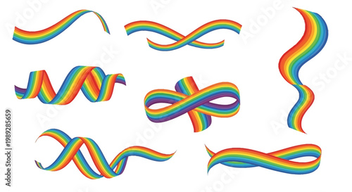Set of Abstract Rainbow Colored Wavy Ribbons and Curved Stripes