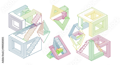 Set of Colorful Isometric Impossible Geometric Structures and Stairs