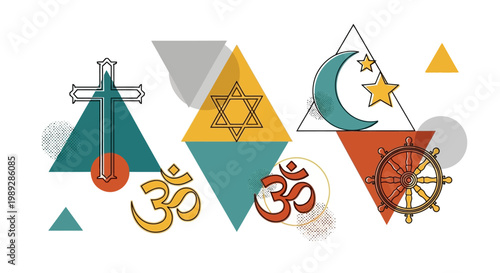 Religious Symbols Collage with Geometric Shapes and Spiritual Icons