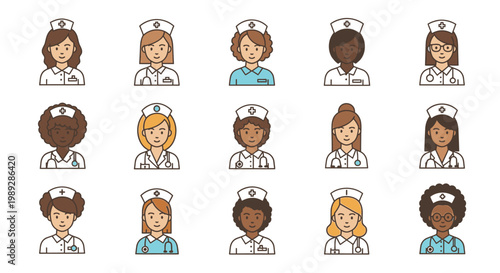 Diverse group of female nurse avatars with various hairstyles and skin tones, wearing uniforms and caps, on a white background.