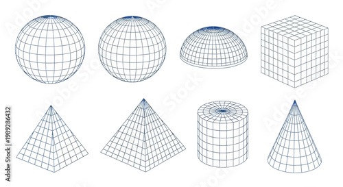 Set of 3D Geometric Wireframe Shapes on White Background