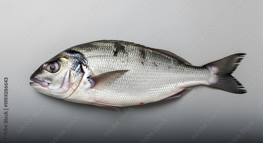 Obraz premium Fresh sea bass fish on gray.