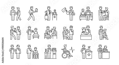 Line art icons depicting various medical professionals interacting with patients in a hospital or clinic setting, illustrating healthcare services and patient care.