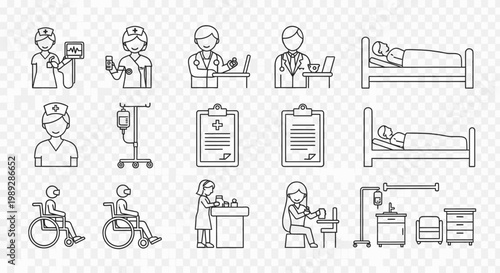 Collection of line art icons depicting various healthcare professionals, patients, and medical equipment in a hospital setting.