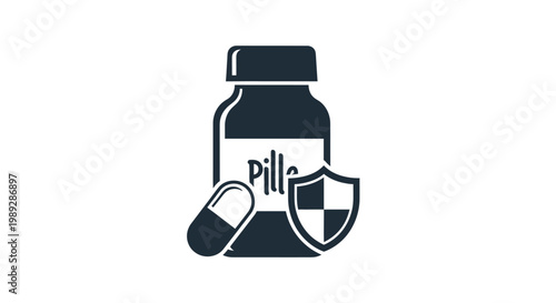 Monochromatic icon depicting a pill bottle, a single capsule, and a protective shield, symbolizing medicine, health, and pharmaceutical safety.