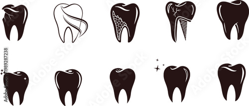 Tooth icon set mix outline and solid dental vector collection. Teeth anatomy with clean, cracked and decayed variations isolated on white. Editable for dentist clinic healthcare design.