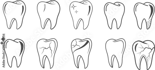 Outline tooth icon set showing healthy and damaged dental conditions with cracks, cavities, and roots. Clean line art collection for dentistry, oral hygiene, and medical education use. Minimal vector 