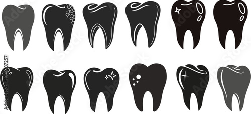 Set of tooth icons showing healthy and damaged dental conditions with decay, cracks, and cavities. Minimal black silhouettes for dentistry, oral care, and medical education. Clean vector collection is
