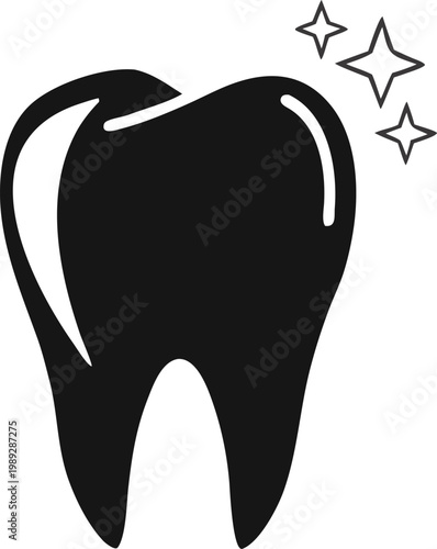 Shiny healthy tooth icon with sparkle, dental care symbol. Clean white enamel concept for hygiene and dentist branding. Minimal black tooth illustration isolated design.