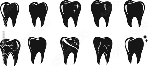 Black tooth icons set with dental anatomy details and decay variations. Modern flat collection for dentistry, healthcare, and clinic design. Isolated vector symbols for medical
