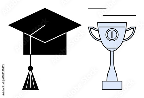 Academic achievement. Graduation cap and trophy academic achievement, student success, and education excellence. Perfect for higher education, scholarships, awards, learning, and motivation