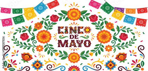 Cinco de Mayo vector banner with colorful Mexican folk art floral ornaments papel picado flags and decorative traditional hand lettering.