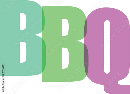 Colorful transparent letters spell out BBQ on a white background