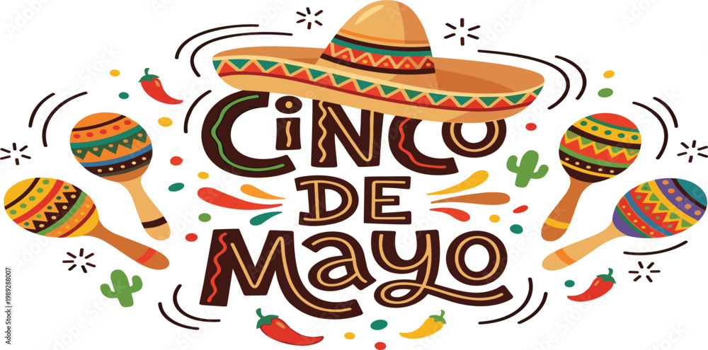 Fototapeta premium Cinco de Mayo vector illustration with decorative hand lettering sombrero maracas chili peppers and cactus for Mexican holiday celebration banner.