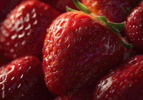 A close-up shot showcases a cluster of vibrant, ripe strawberries bathed in warm light, highlighting their textured surfaces and juicy appeal.