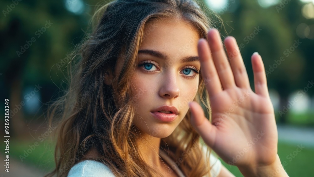 Naklejka premium Young woman raising hand to camera in outdoor park setting
